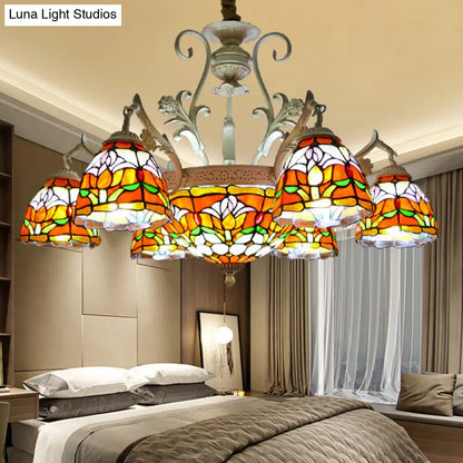Mediterranean Stained Glass Dome Chandelier Pendant Light (9/11 Lights) in Distressed White