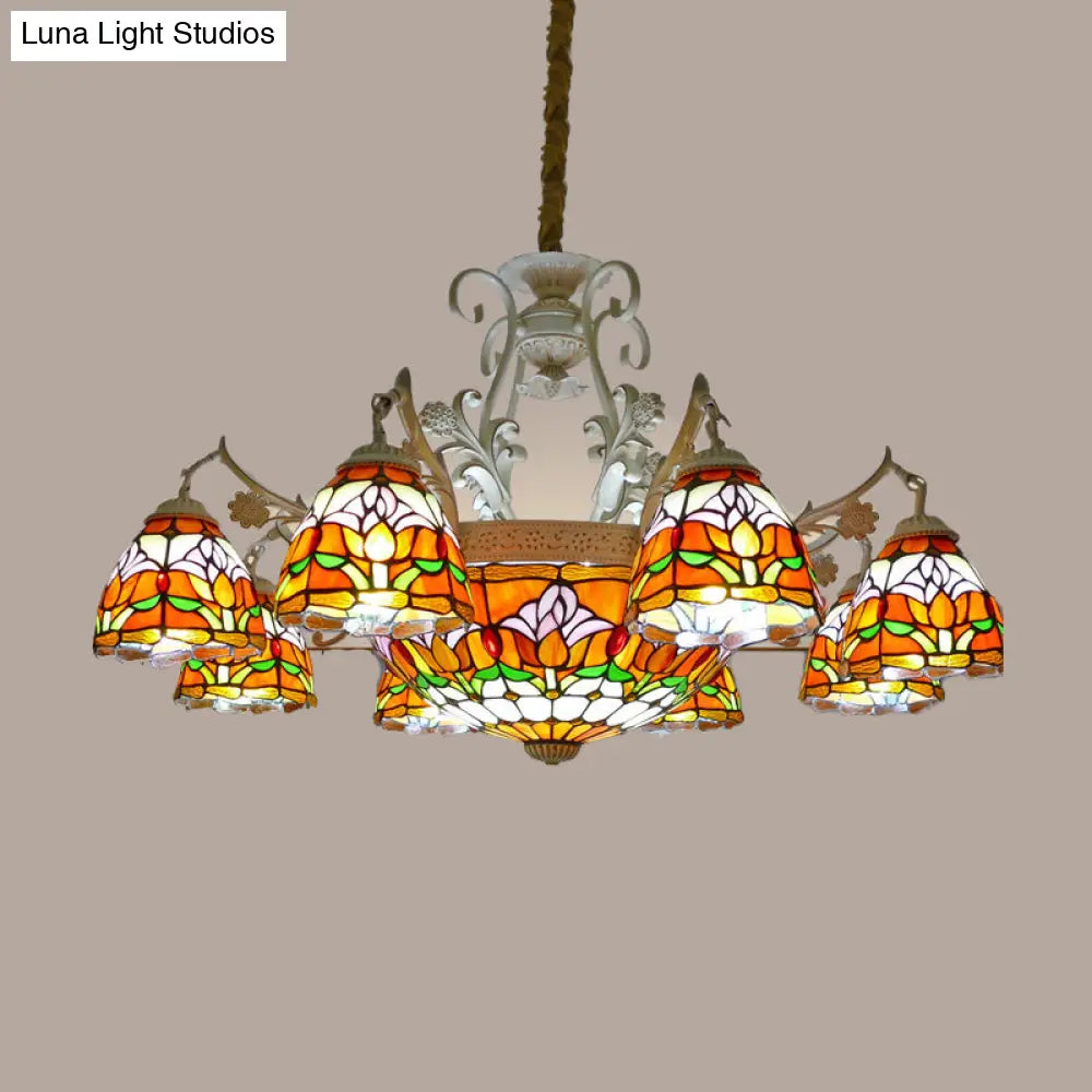 Mediterranean Stained Glass Dome Chandelier Pendant Light (9/11 Lights) in Distressed White
