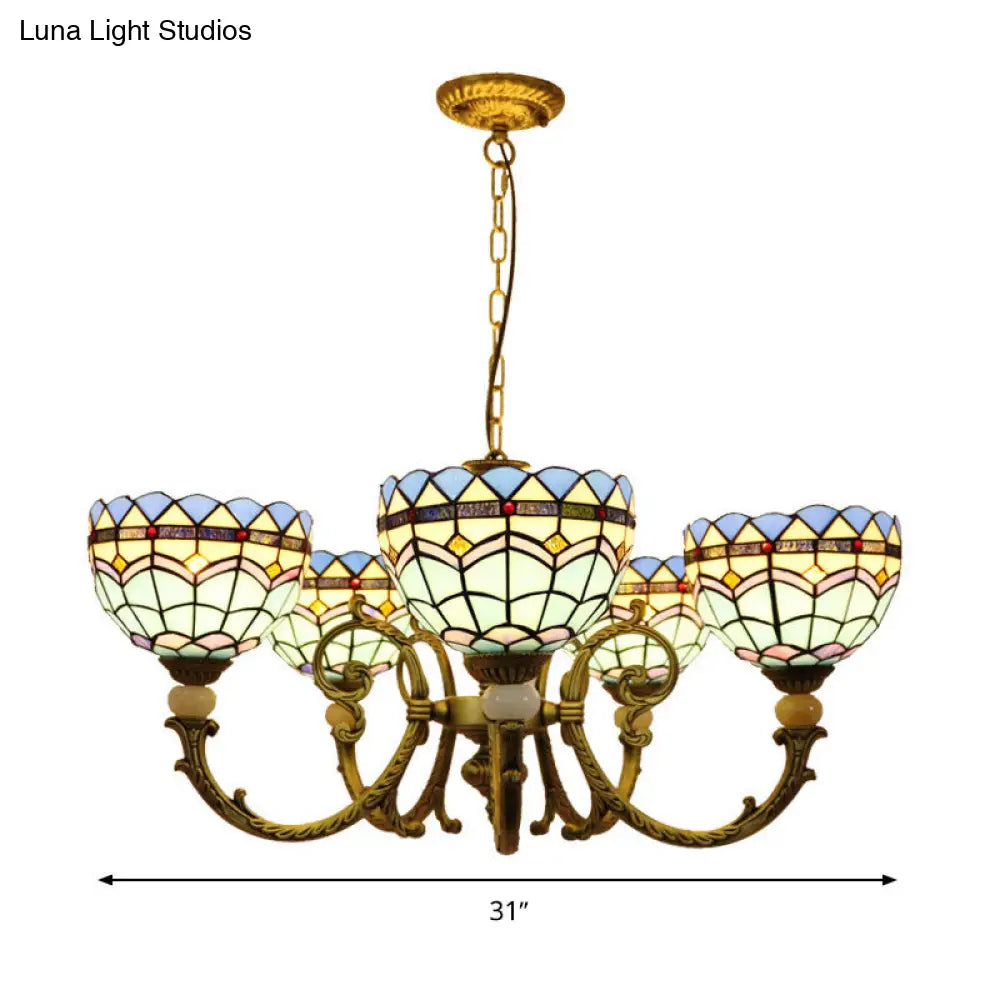 Mediterranean Stained Glass Dome Chandelier with 5 Orange and Blue Drop Pendants for Living Room Lighting