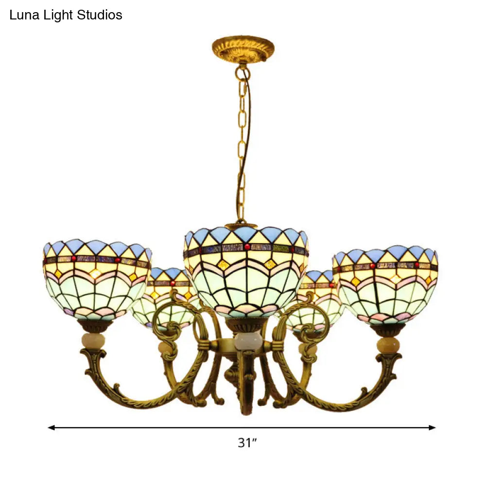 Mediterranean Stained Glass Dome Chandelier with 5 Orange and Blue Drop Pendants for Living Room Lighting