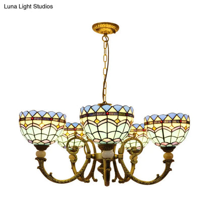 Mediterranean Stained Glass Dome Chandelier with 5 Orange and Blue Drop Pendants for Living Room Lighting