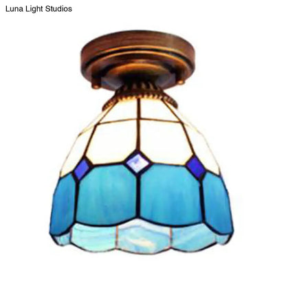 DecorBites™ DecorBites™ Mediterranean Stained Glass Dome Flush Light in Brass Finish with 1 Light & Stunning Geometric Patterns