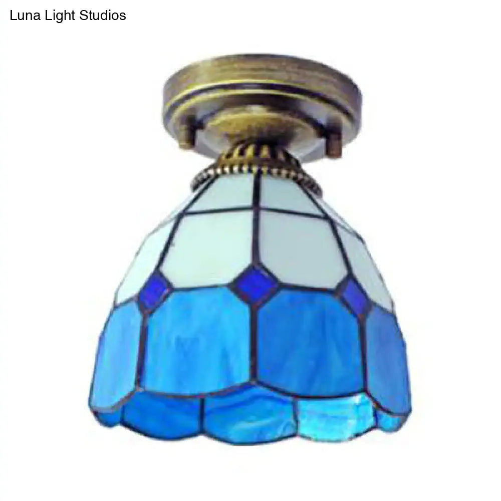 DecorBites™ DecorBites™ Mediterranean Stained Glass Dome Flush Light in Brass Finish with 1 Light & Stunning Geometric Patterns