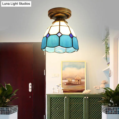 DecorBites™ DecorBites™ Mediterranean Stained Glass Dome Flush Light in Brass Finish with 1 Light & Stunning Geometric Patterns