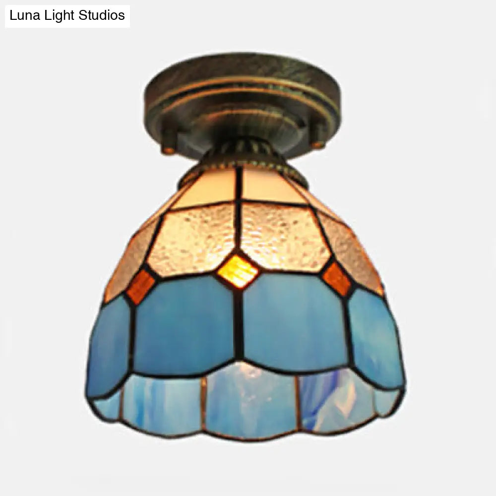 DecorBites™ DecorBites™ Mediterranean Stained Glass Dome Flush Light in Brass Finish with 1 Light & Stunning Geometric Patterns
