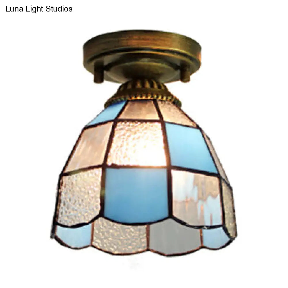 DecorBites™ DecorBites™ Mediterranean Stained Glass Dome Flush Light in Brass Finish with 1 Light & Stunning Geometric Patterns