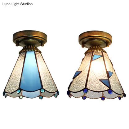 DecorBites™ DecorBites™ Mediterranean Stained Glass Dome Flush Light in Brass Finish with 1 Light & Stunning Geometric Patterns