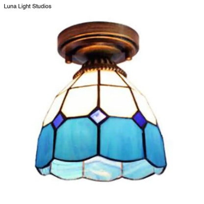 DecorBites™ DecorBites™ Mediterranean Stained Glass Dome Flush Light in Brass Finish with 1 Light & Stunning Geometric Patterns