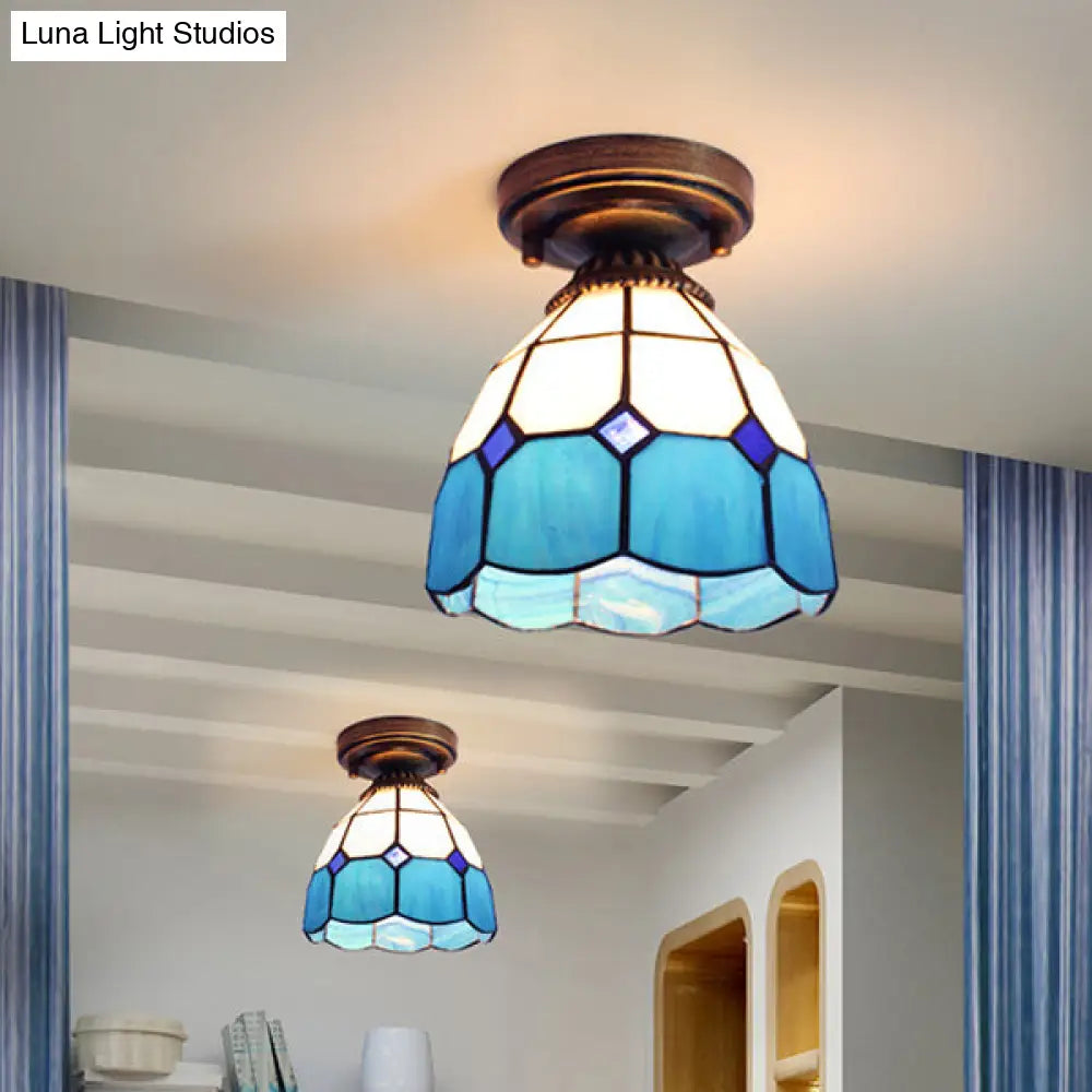 DecorBites™ DecorBites™ Mediterranean Stained Glass Dome Flush Light in Brass Finish with 1 Light & Stunning Geometric Patterns