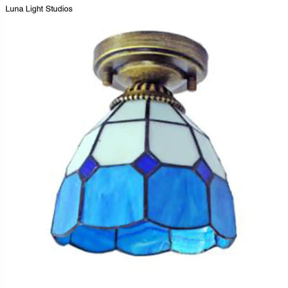 DecorBites™ DecorBites™ Mediterranean Stained Glass Dome Flush Light in Brass Finish with 1 Light & Stunning Geometric Patterns