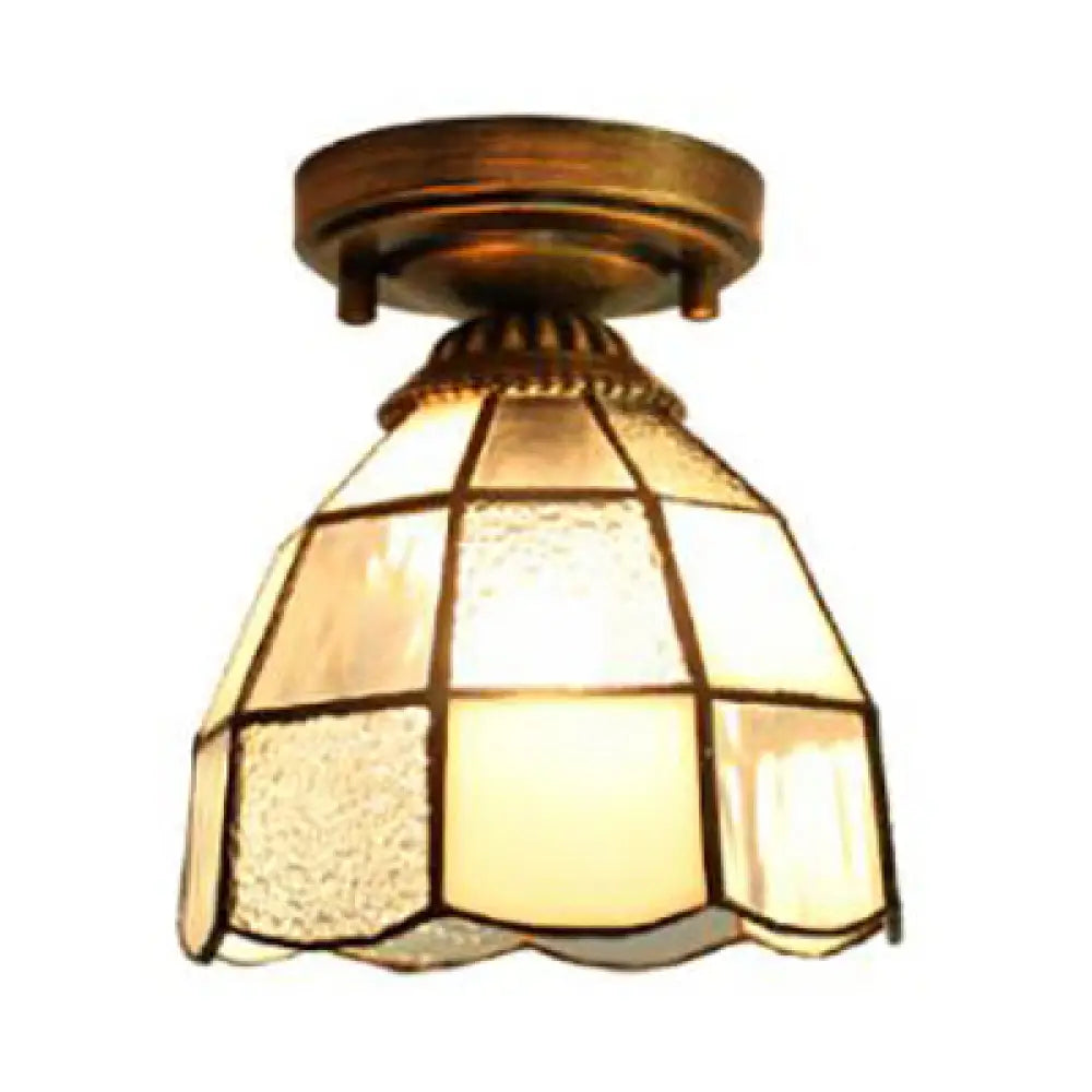 DecorBites™ DecorBites™ Mediterranean Stained Glass Dome Flush Light in Brass Finish with 1 Light & Stunning Geometric Patterns
