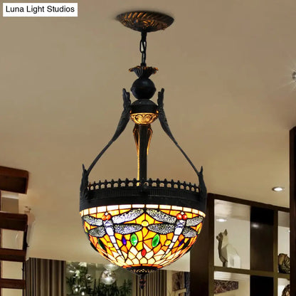 Mediterranean Stained Glass Dragonfly Chandelier Lamp - 3 Lights, Orange/Green Pendant