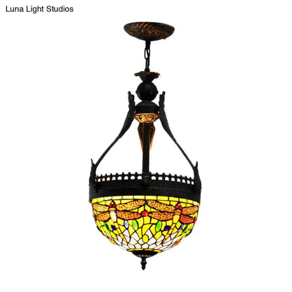Mediterranean Stained Glass Dragonfly Chandelier Lamp - 3 Lights, Orange/Green Pendant