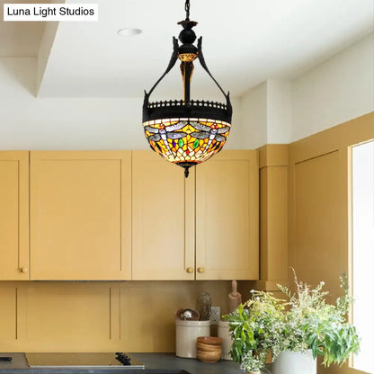 Mediterranean Stained Glass Dragonfly Chandelier Lamp - 3 Lights, Orange/Green Pendant