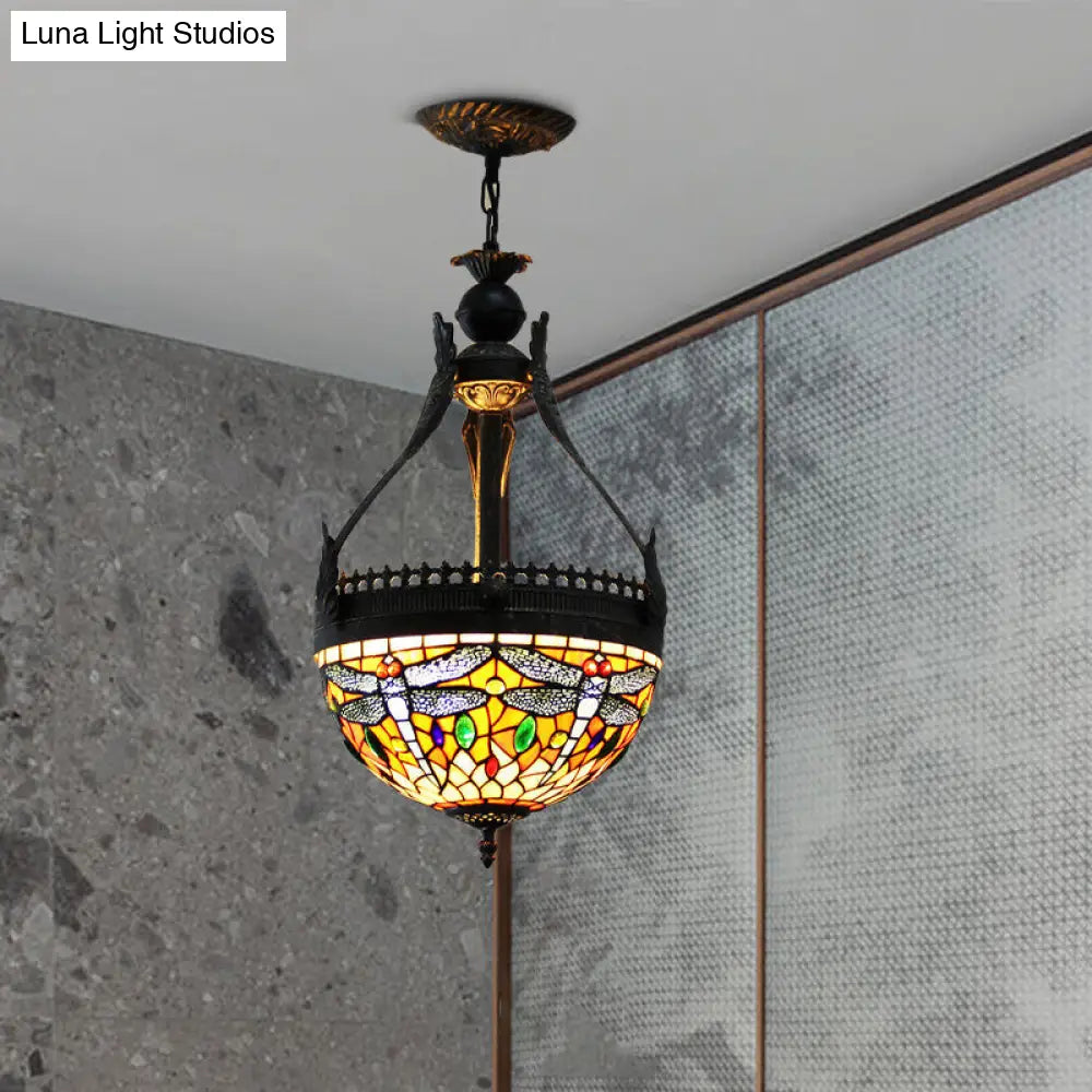 Mediterranean Stained Glass Dragonfly Chandelier Lamp - 3 Lights, Orange/Green Pendant