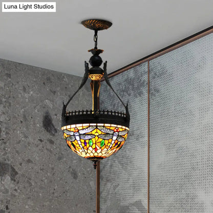 Mediterranean Stained Glass Dragonfly Chandelier Lamp - 3 Lights, Orange/Green Pendant