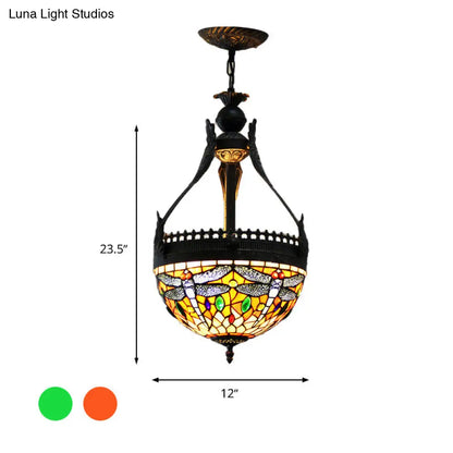 Mediterranean Stained Glass Dragonfly Chandelier Lamp - 3 Lights, Orange/Green Pendant