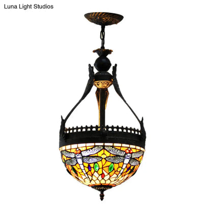 Mediterranean Stained Glass Dragonfly Chandelier Lamp - 3 Lights, Orange/Green Pendant