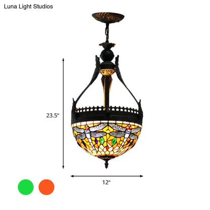 Mediterranean Stained Glass Dragonfly Chandelier Lamp - 3 Lights, Orange/Green Pendant