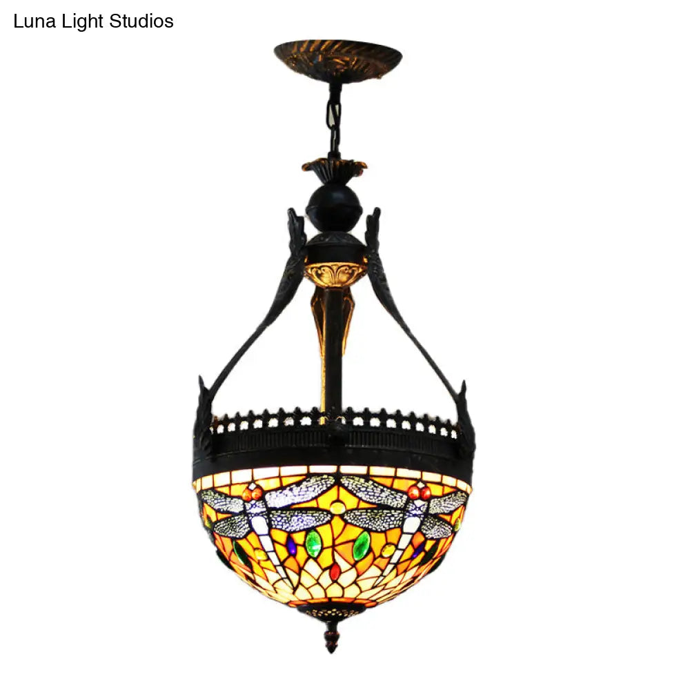 Mediterranean Stained Glass Dragonfly Chandelier Lamp - 3 Lights, Orange/Green Pendant