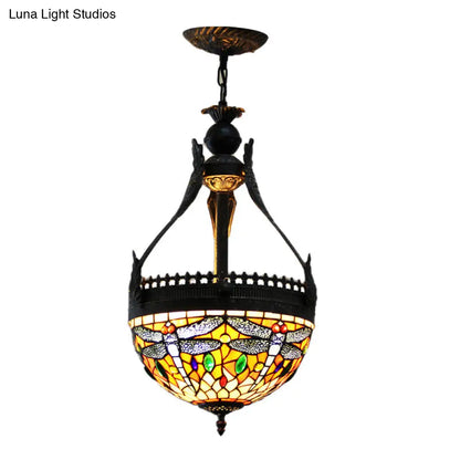 Mediterranean Stained Glass Dragonfly Chandelier Lamp - 3 Lights, Orange/Green Pendant