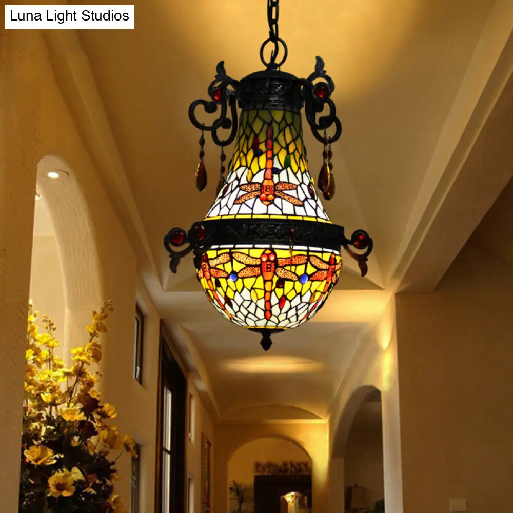 Mediterranean Stained Glass Dragonfly Pendant Light Fixture: 1-Light Red Suspension Lighting