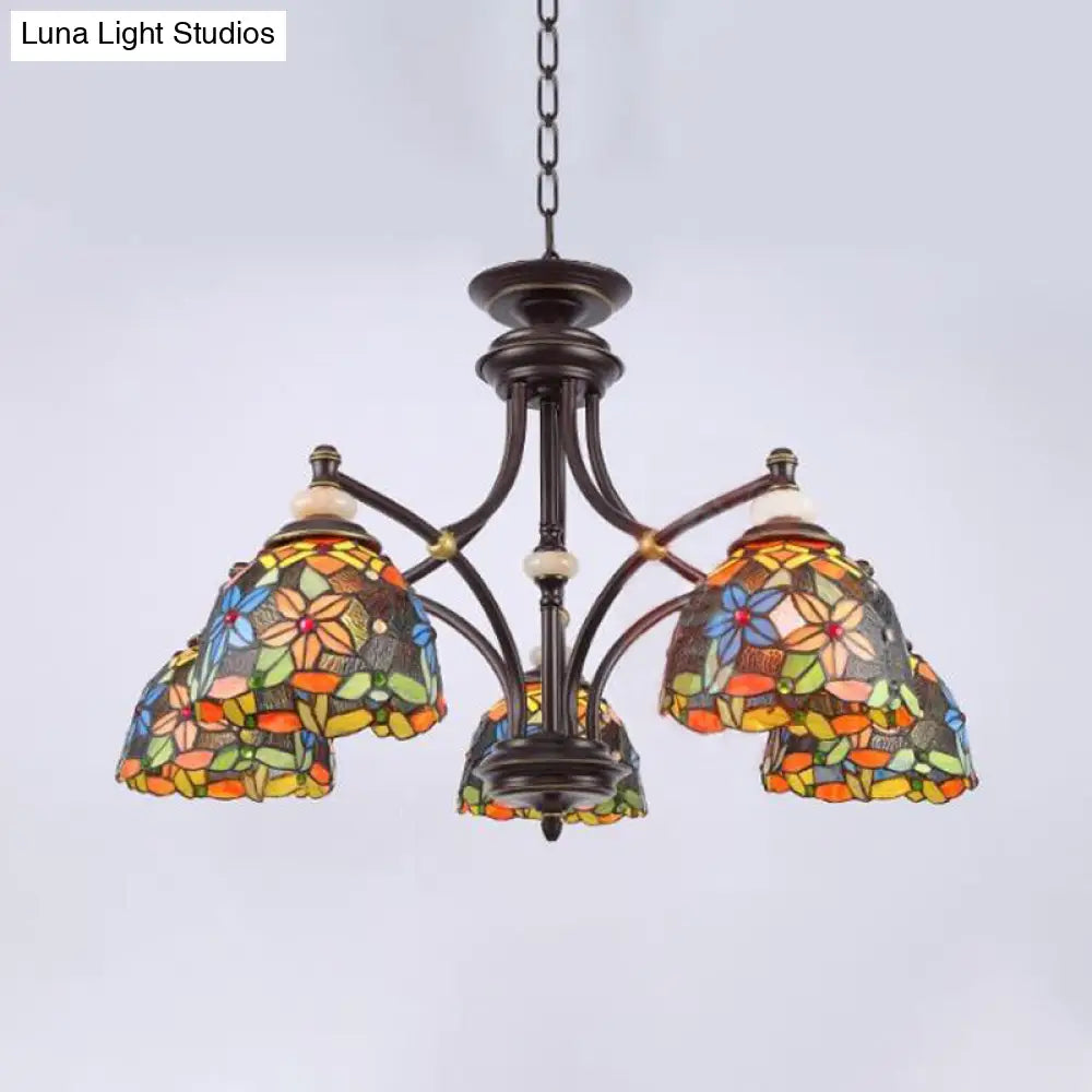 Mediterranean Stained Glass Flower Chandelier: Black Hanging Lamp for Living Room with 3/5/8 Lights