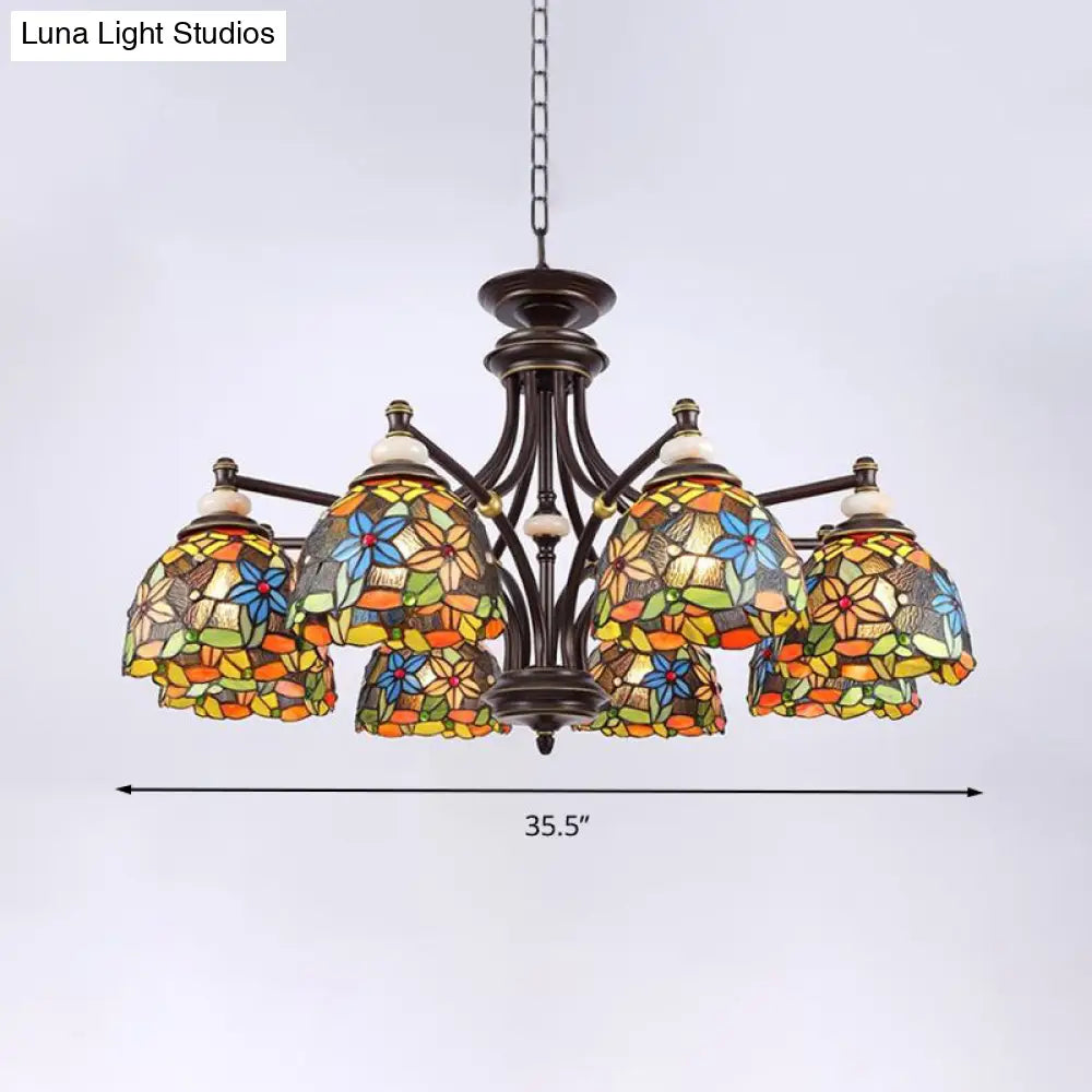 Mediterranean Stained Glass Flower Chandelier: Black Hanging Lamp for Living Room with 3/5/8 Lights