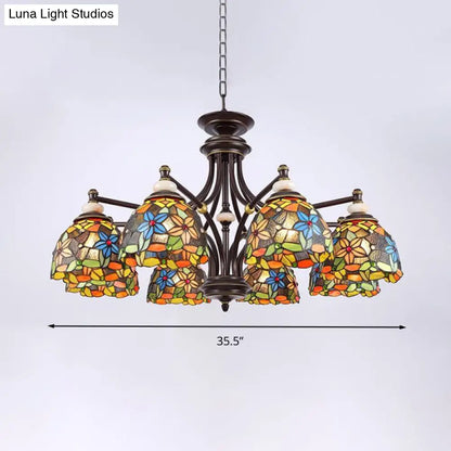 Mediterranean Stained Glass Flower Chandelier: Black Hanging Lamp for Living Room with 3/5/8 Lights