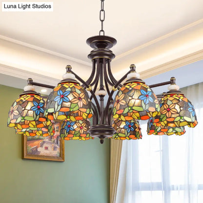 Mediterranean Stained Glass Flower Chandelier: Black Hanging Lamp for Living Room with 3/5/8 Lights