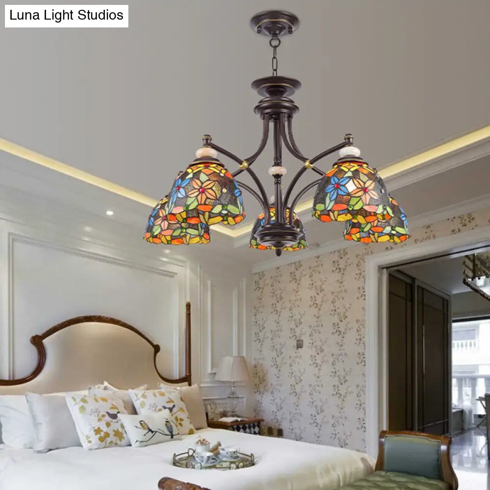 Mediterranean Stained Glass Flower Chandelier: Black Hanging Lamp for Living Room with 3/5/8 Lights