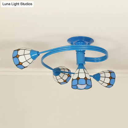 Mediterranean Stained Glass Flush Ceiling Light with Blue Bowl Design - Perfect for Bedroom (4/6 Lights)