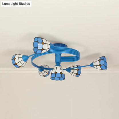 Mediterranean Stained Glass Flush Ceiling Light with Blue Bowl Design - Perfect for Bedroom (4/6 Lights)