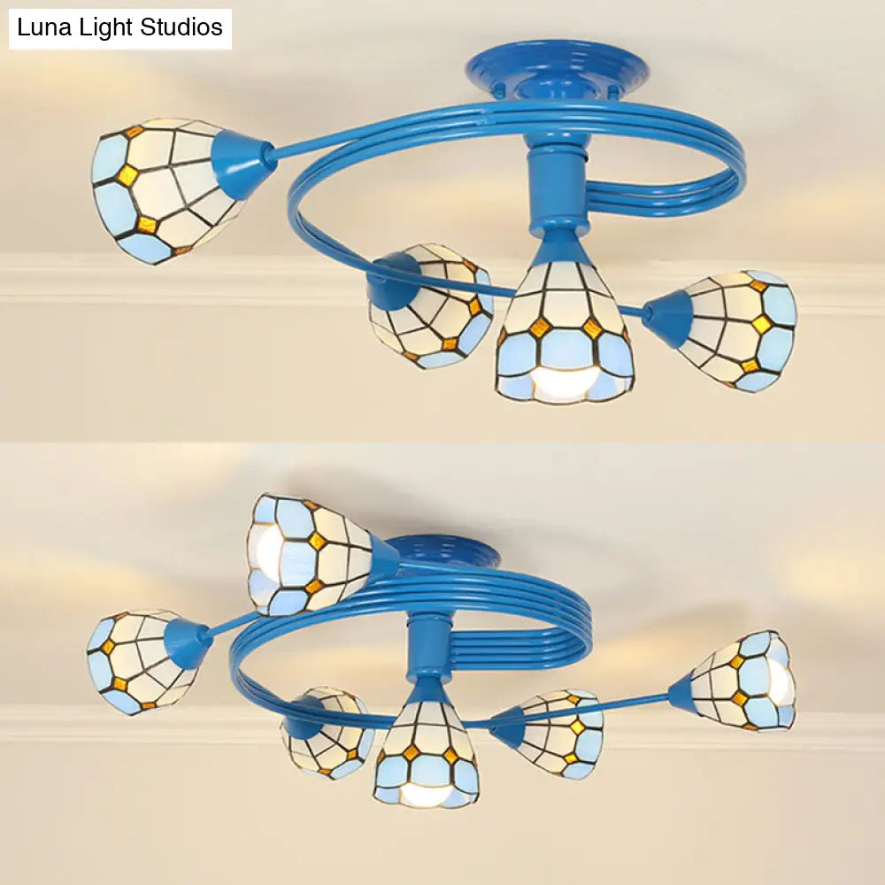 Mediterranean Stained Glass Flush Ceiling Light with Blue Bowl Design - Perfect for Bedroom (4/6 Lights)