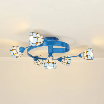 Mediterranean Stained Glass Flush Ceiling Light with Blue Bowl Design - Perfect for Bedroom (4/6 Lights)