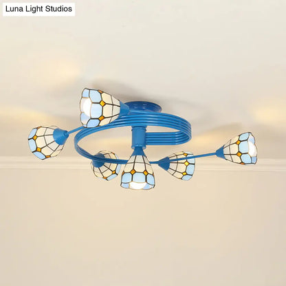 Mediterranean Stained Glass Flush Ceiling Light with Blue Bowl Design - Perfect for Bedroom (4/6 Lights)