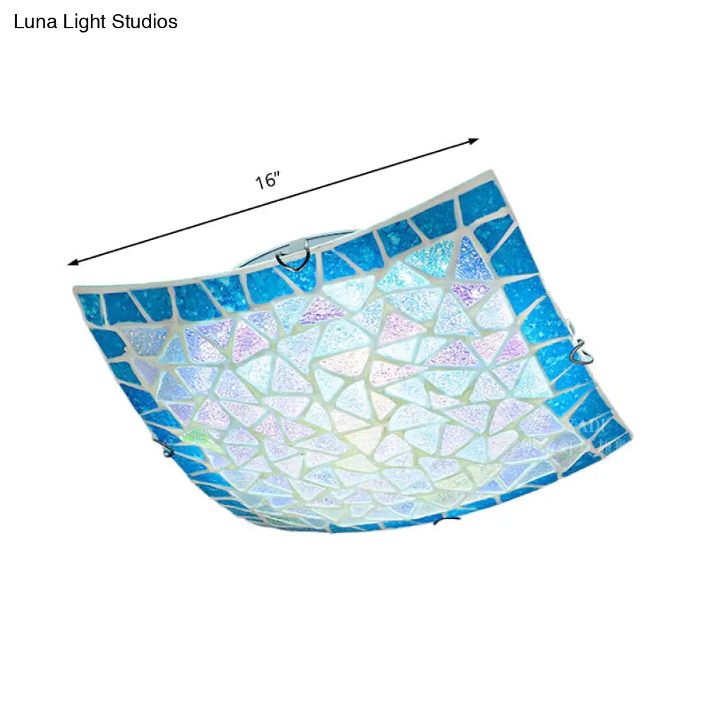 DecorBites™ DecorBites™ Mediterranean Stained Glass Flush Mount Ceiling Light - Blue Square, 16"/12" Width