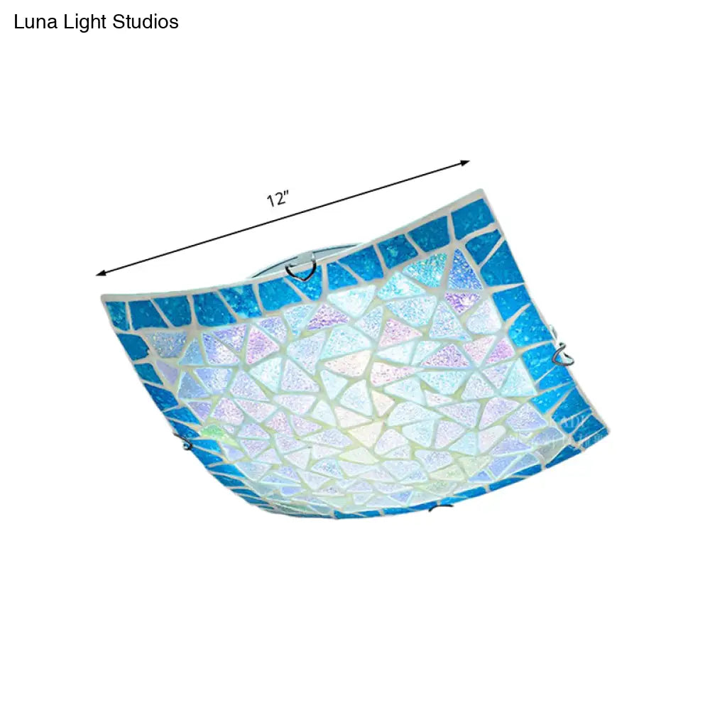 DecorBites™ DecorBites™ Mediterranean Stained Glass Flush Mount Ceiling Light - Blue Square, 16"/12" Width