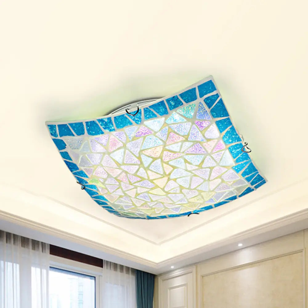 DecorBites™ DecorBites™ Mediterranean Stained Glass Flush Mount Ceiling Light - Blue Square, 16"/12" Width