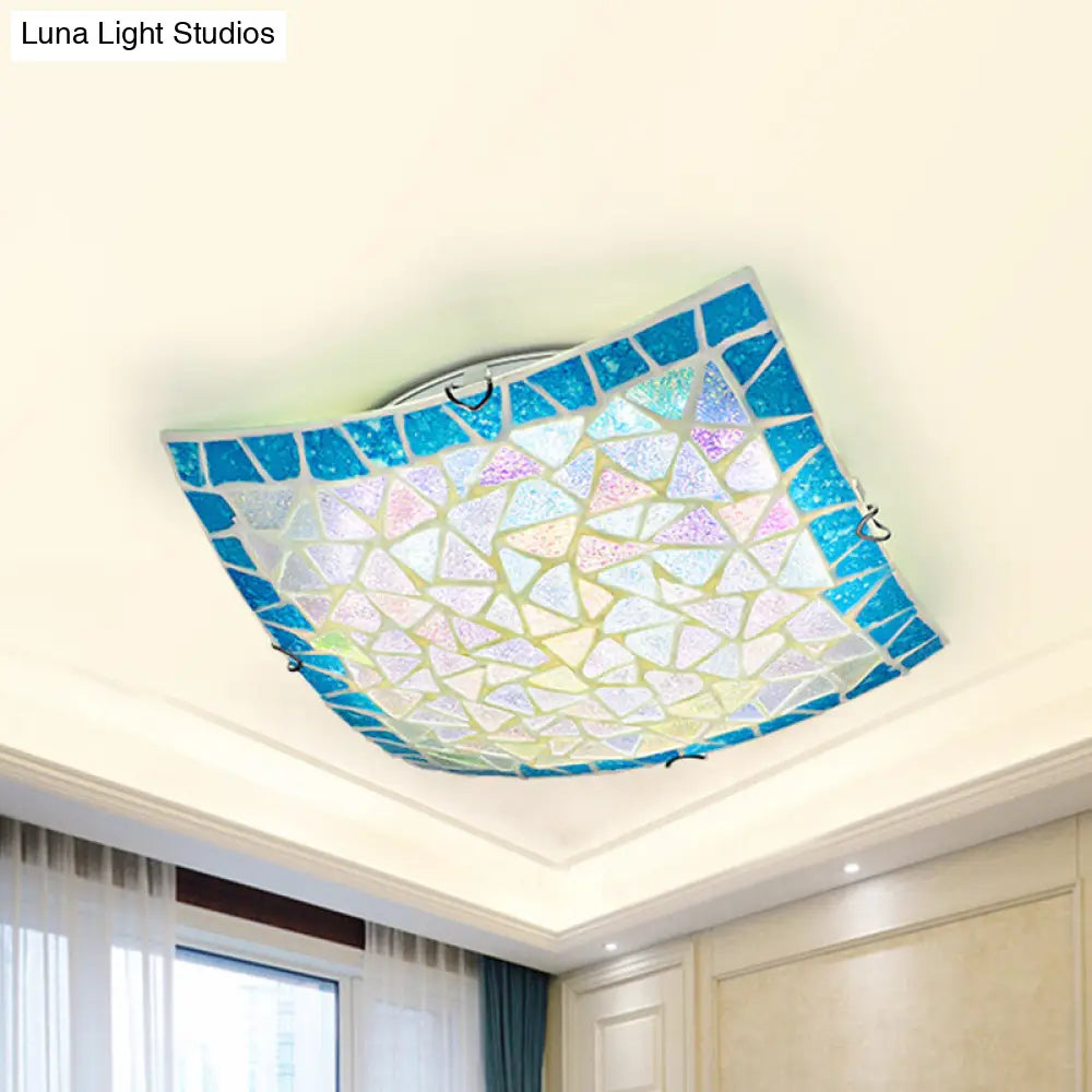 DecorBites™ DecorBites™ Mediterranean Stained Glass Flush Mount Ceiling Light - Blue Square, 16"/12" Width