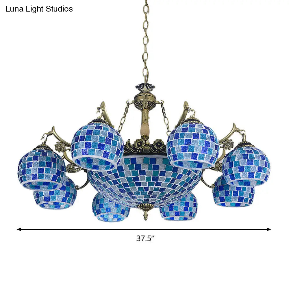 Lámpara colgante mediterránea con forma de globo de vitral y luces azules - Disponible en 5, 9 u 11 pulgadas