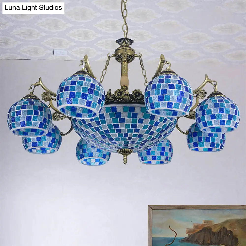 Lámpara colgante mediterránea con forma de globo de vitral y luces azules - Disponible en 5, 9 u 11 pulgadas