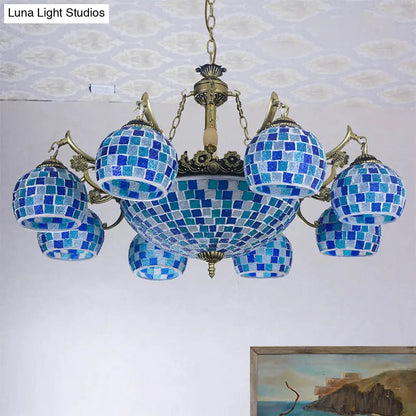 Lámpara colgante mediterránea con forma de globo de vitral y luces azules - Disponible en 5, 9 u 11 pulgadas