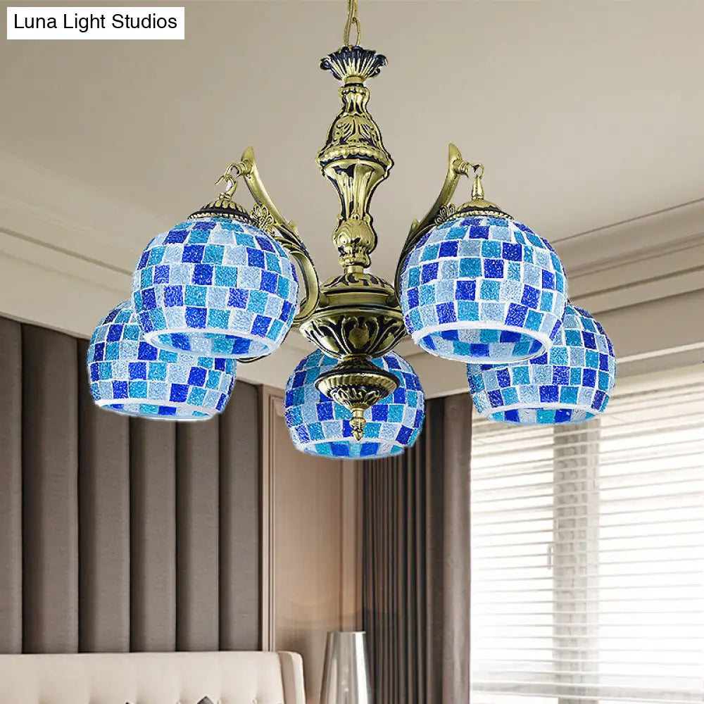 Lámpara colgante mediterránea con forma de globo de vitral y luces azules - Disponible en 5, 9 u 11 pulgadas