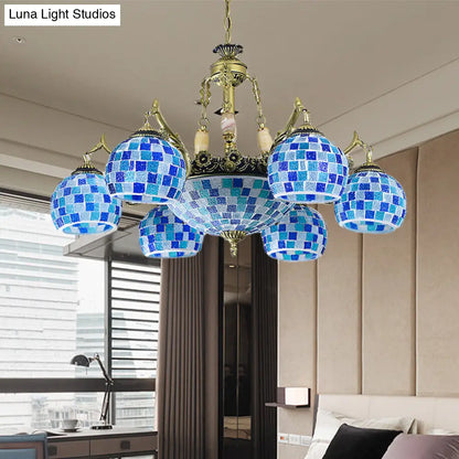 Lámpara colgante mediterránea con forma de globo de vitral y luces azules - Disponible en 5, 9 u 11 pulgadas