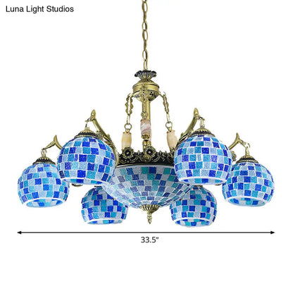 Lámpara colgante mediterránea con forma de globo de vitral y luces azules - Disponible en 5, 9 u 11 pulgadas