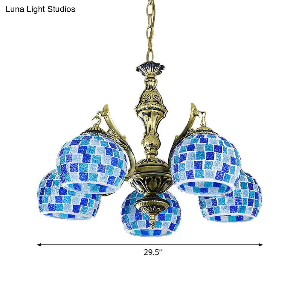 Lámpara colgante mediterránea con forma de globo de vitral y luces azules - Disponible en 5, 9 u 11 pulgadas