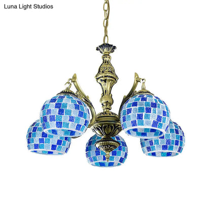 Lámpara colgante mediterránea con forma de globo de vitral y luces azules - Disponible en 5, 9 u 11 pulgadas