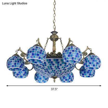 Lámpara colgante mediterránea con forma de globo de vitral y luces azules - Disponible en 5, 9 u 11 pulgadas