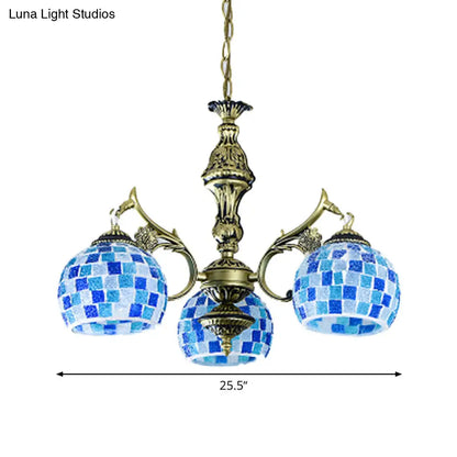 Lámpara colgante mediterránea con forma de globo de vitral y luces azules - Disponible en 5, 9 u 11 pulgadas